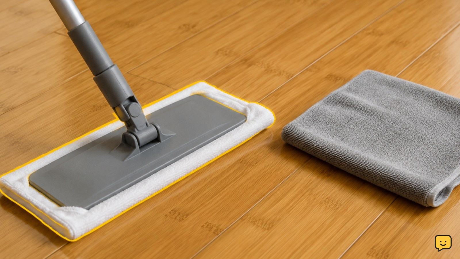 Barely damp microfiber mop cleaning a clear finished bamboo floor beside a dry microfiber cloth