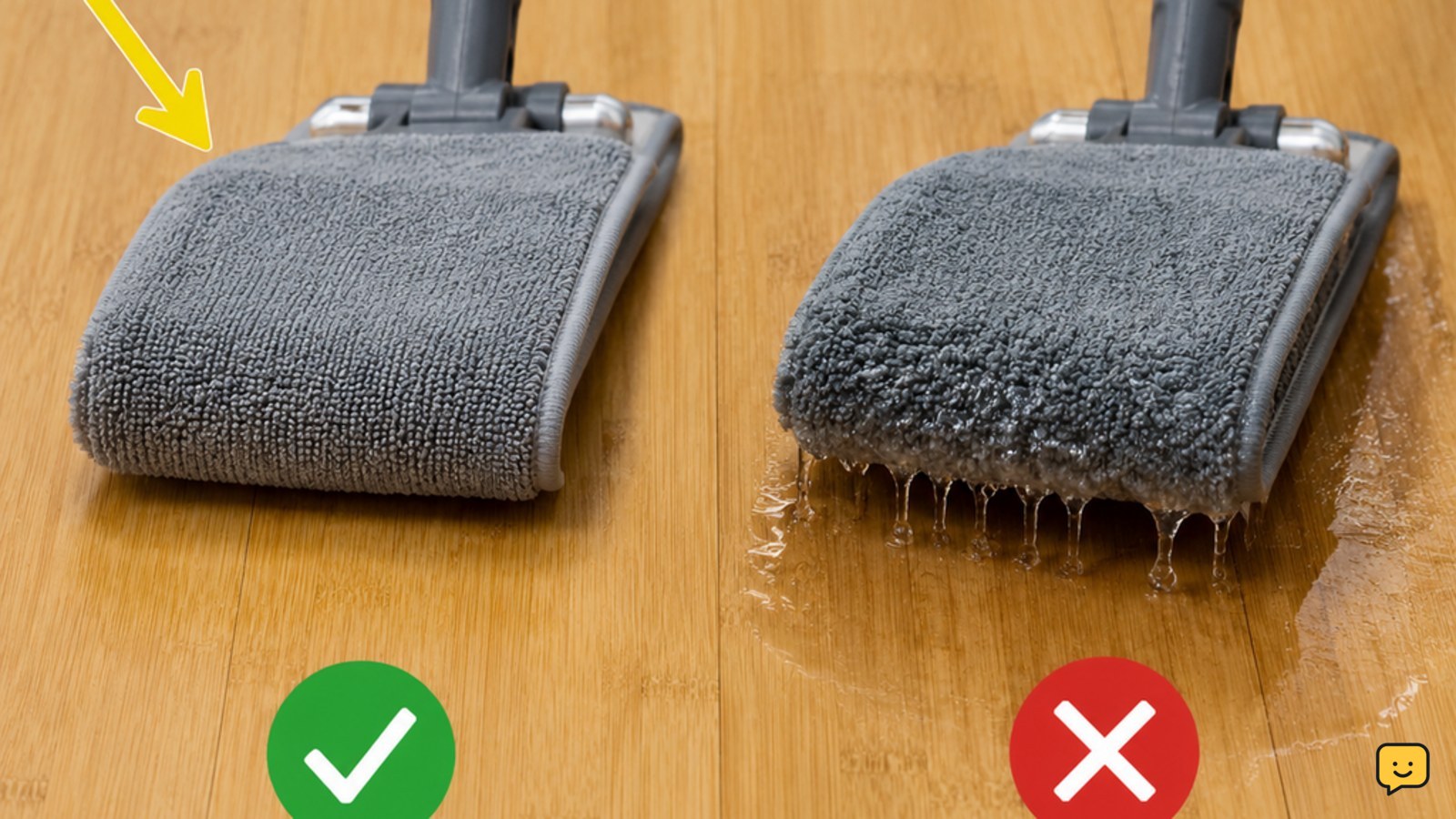 Comparison of a barely damp microfiber mop pad and a dripping wet mop pad for bamboo flooring