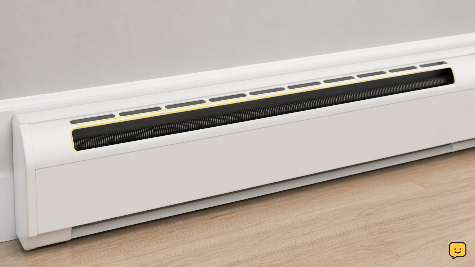 Clean white baseboard heater installed along a wall with its top grille and front cover visible