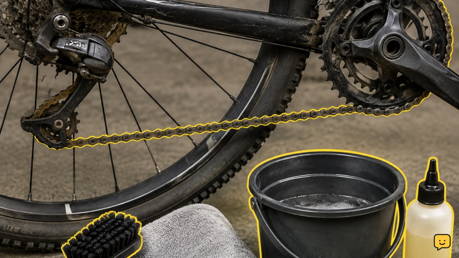 Bicycle drivetrain with a dirty chain, cleaning brush, rag, bucket and chain lubricant