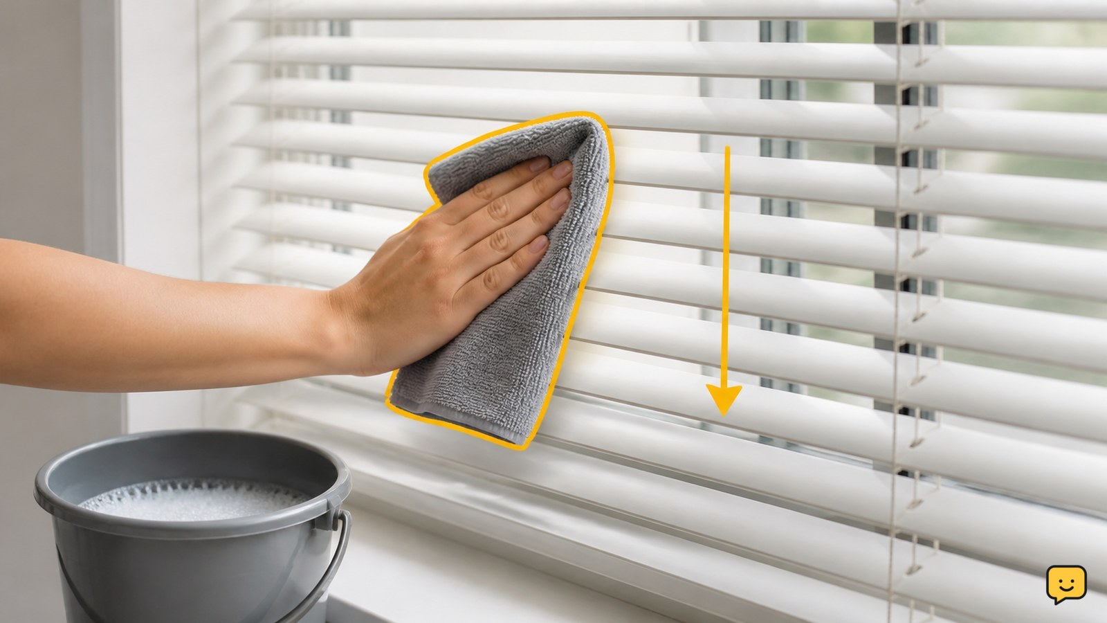 Microfiber cloth cleaning white horizontal window blinds beside a small bucket