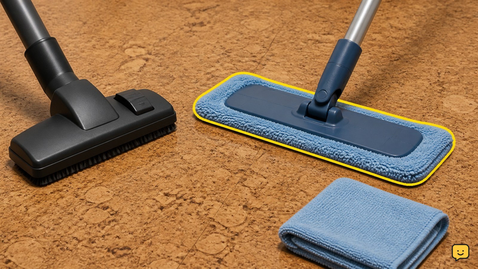 Soft vacuum attachment, wrung-out microfiber mop and dry cloth beside a clean cork floor