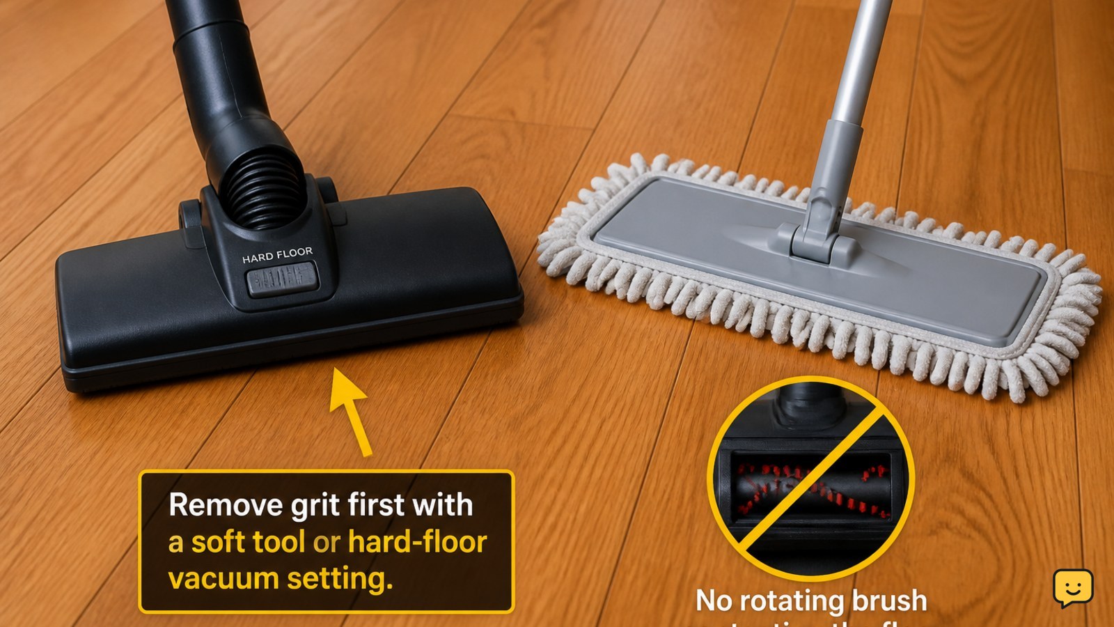 Hard-floor vacuum and microfiber dust mop positioned on hardwood flooring without a rotating brush touching the boards
