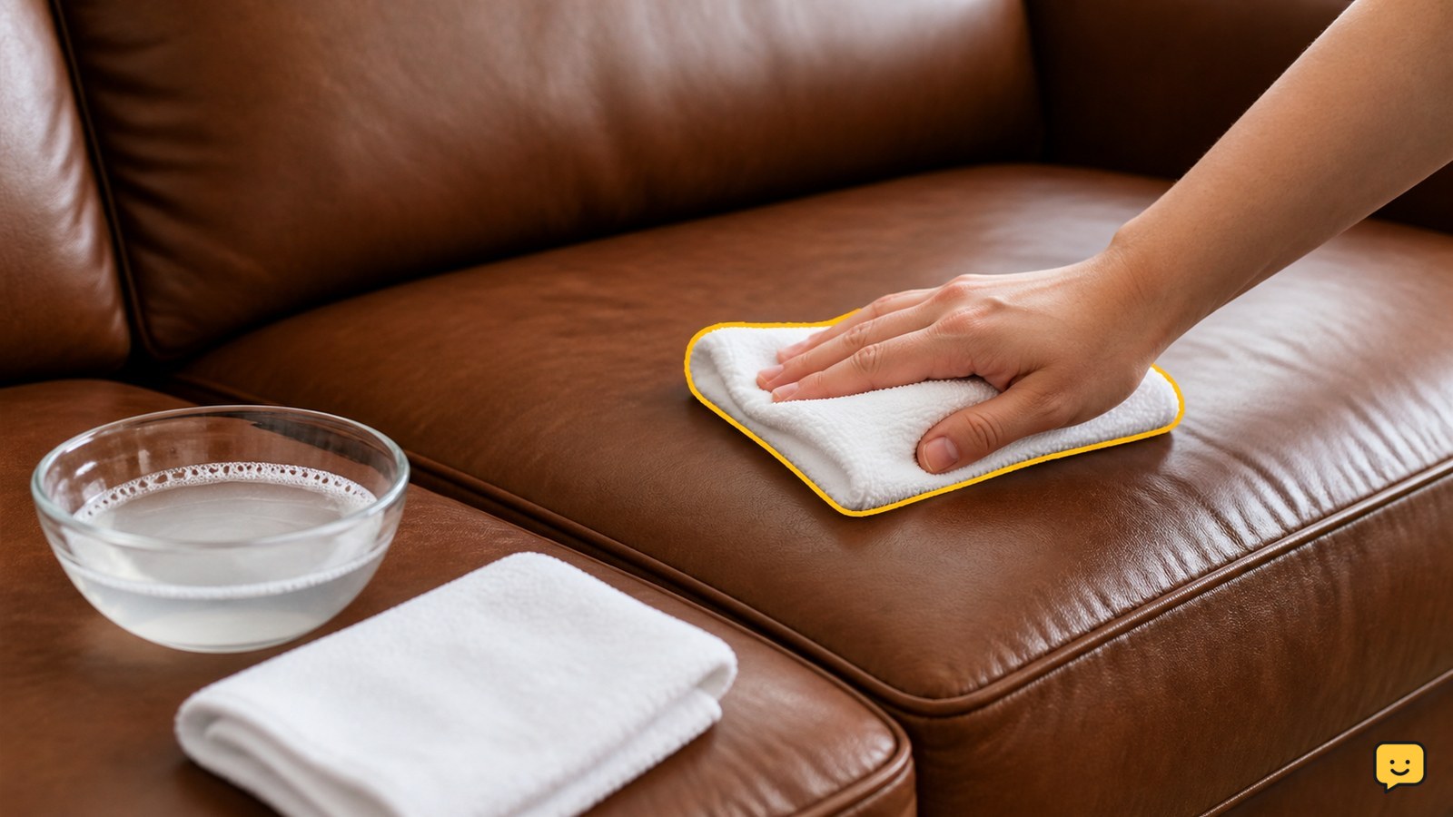 Finished leather couch being cleaned with a barely damp microfiber cloth beside soft cleaning supplies
