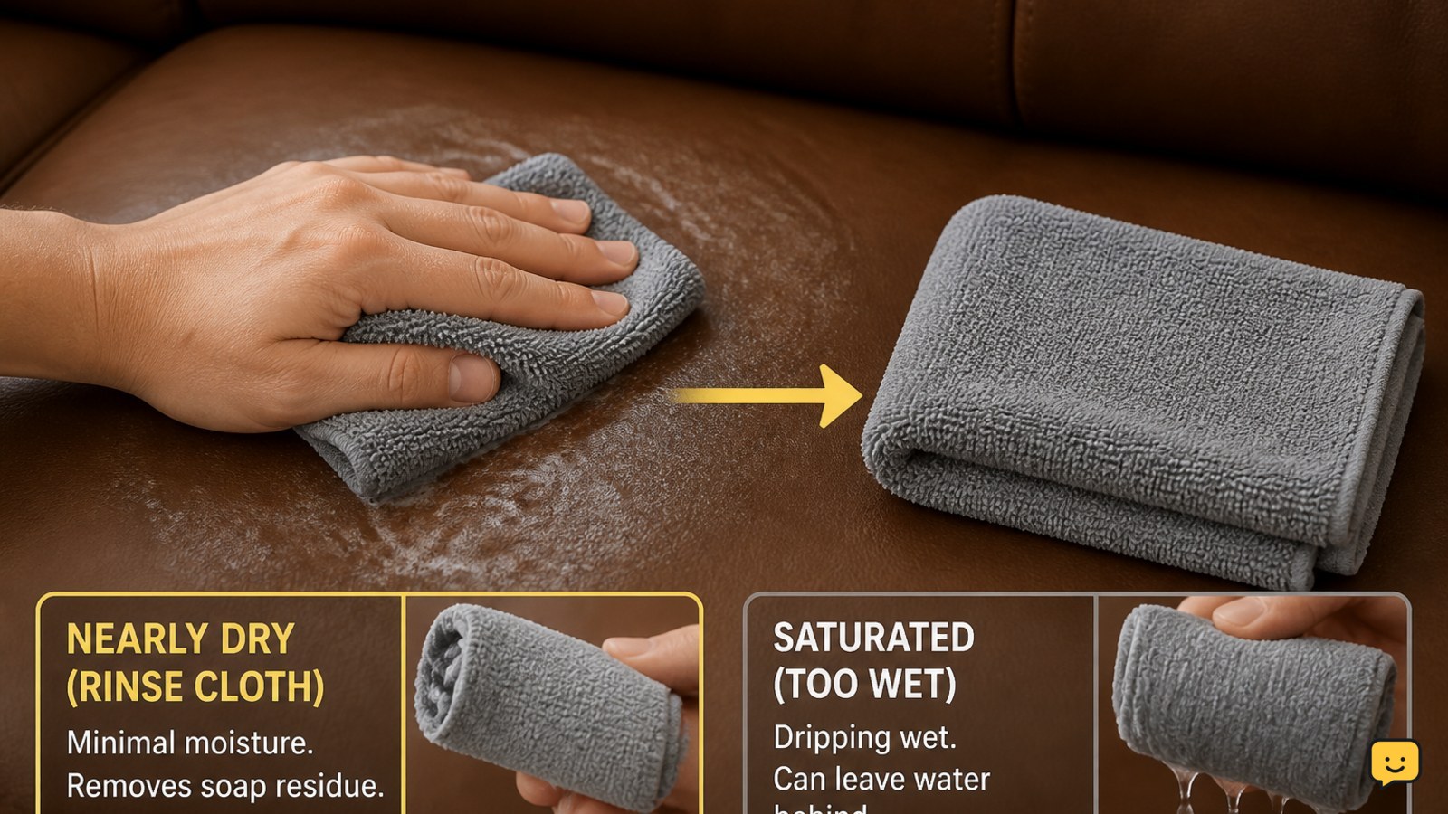 Nearly dry microfiber cloth wiping soap residue from a leather couch while a dry cloth waits beside it