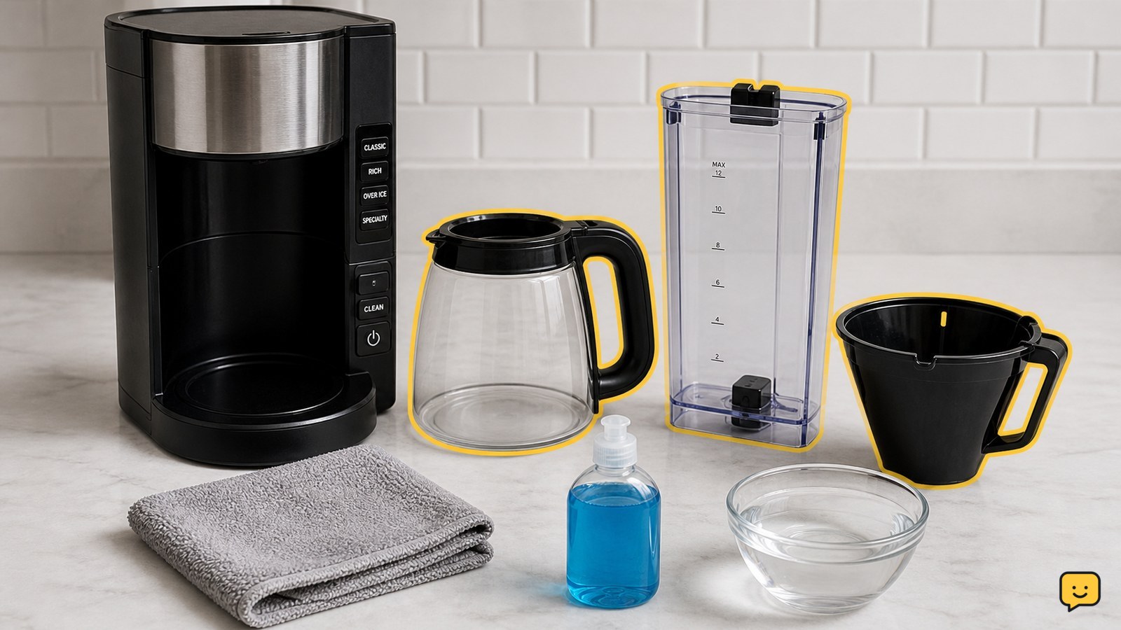 Ninja coffee maker arranged with its removable parts and cleaning supplies