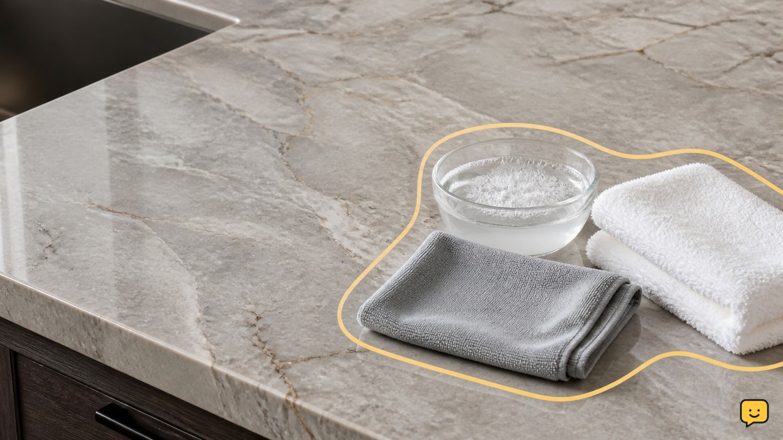 Natural quartzite countertop with warm soapy water, a soft cloth and a dry towel