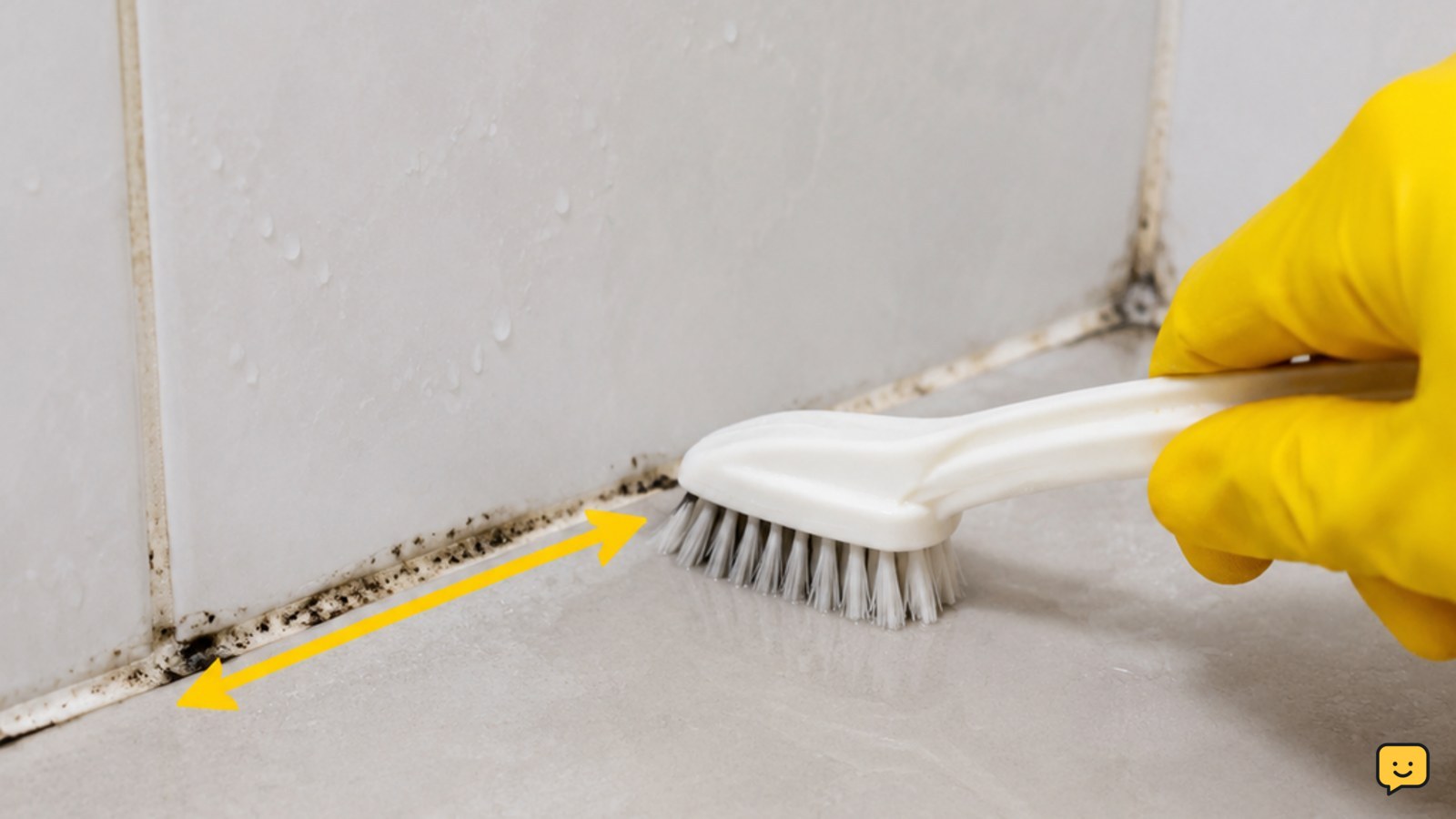 Soft nylon brush cleaning a small mold patch along a shower grout joint