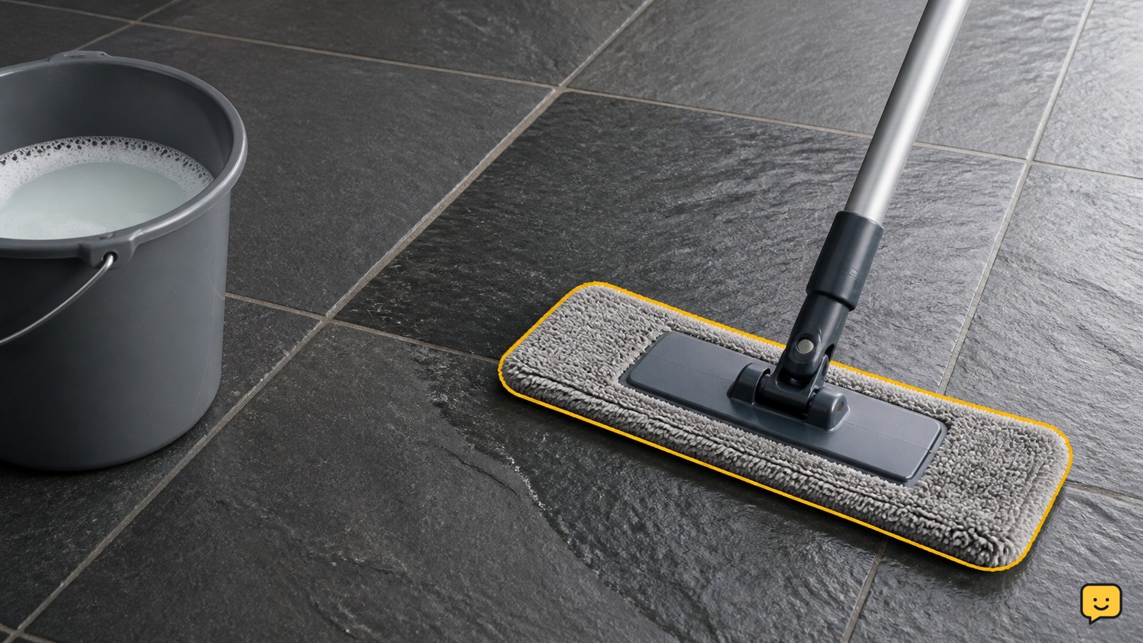 Soft microfiber mop cleaning textured slate tiles with a bucket of diluted stone-safe cleaner