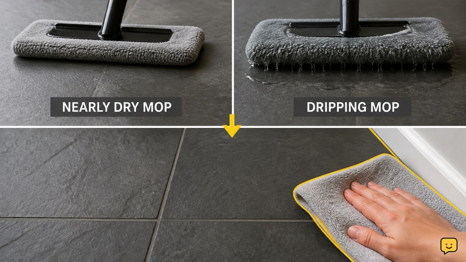 Nearly dry microfiber mop and clean towel beside slate tiles with no standing water