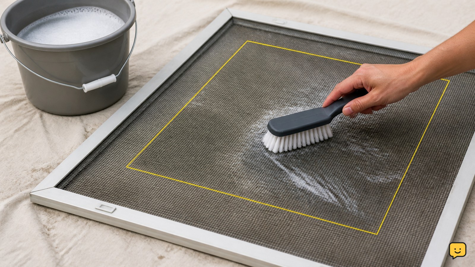 Window screen lying flat while being cleaned with a soft brush and mild soapy water