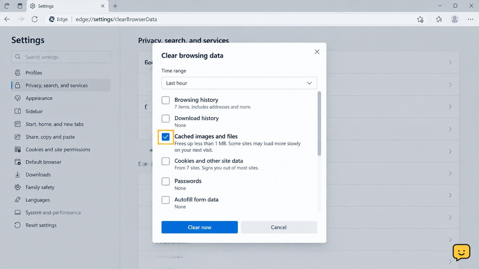 Microsoft Edge Clear browsing data panel with Cached images and files selected