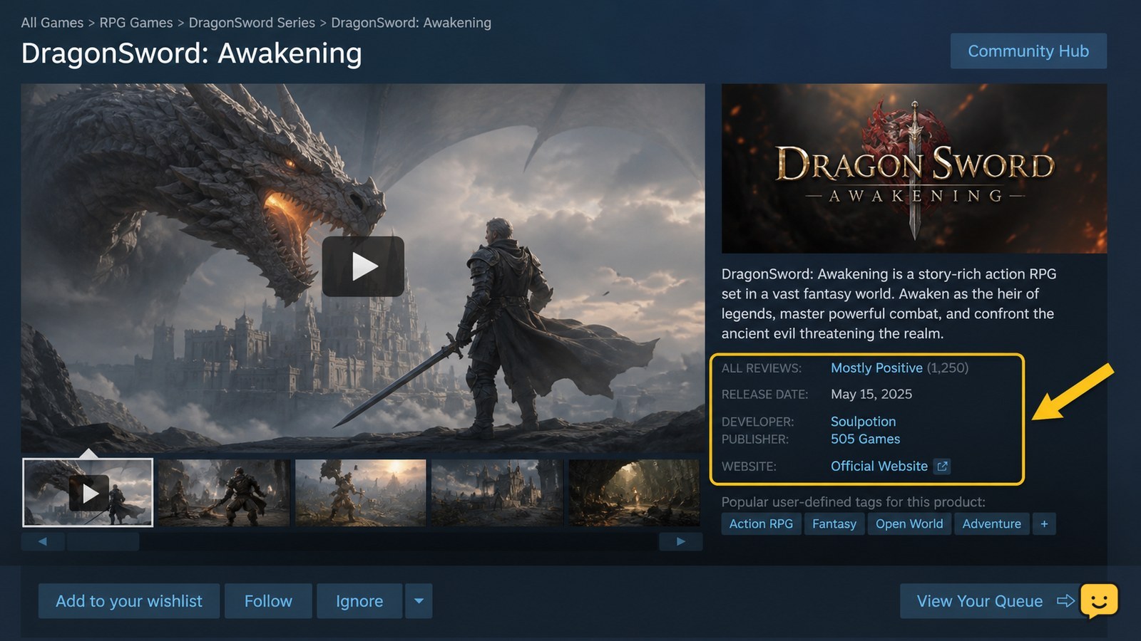 DragonSword: Awakening Steam store page with the official game listing visible