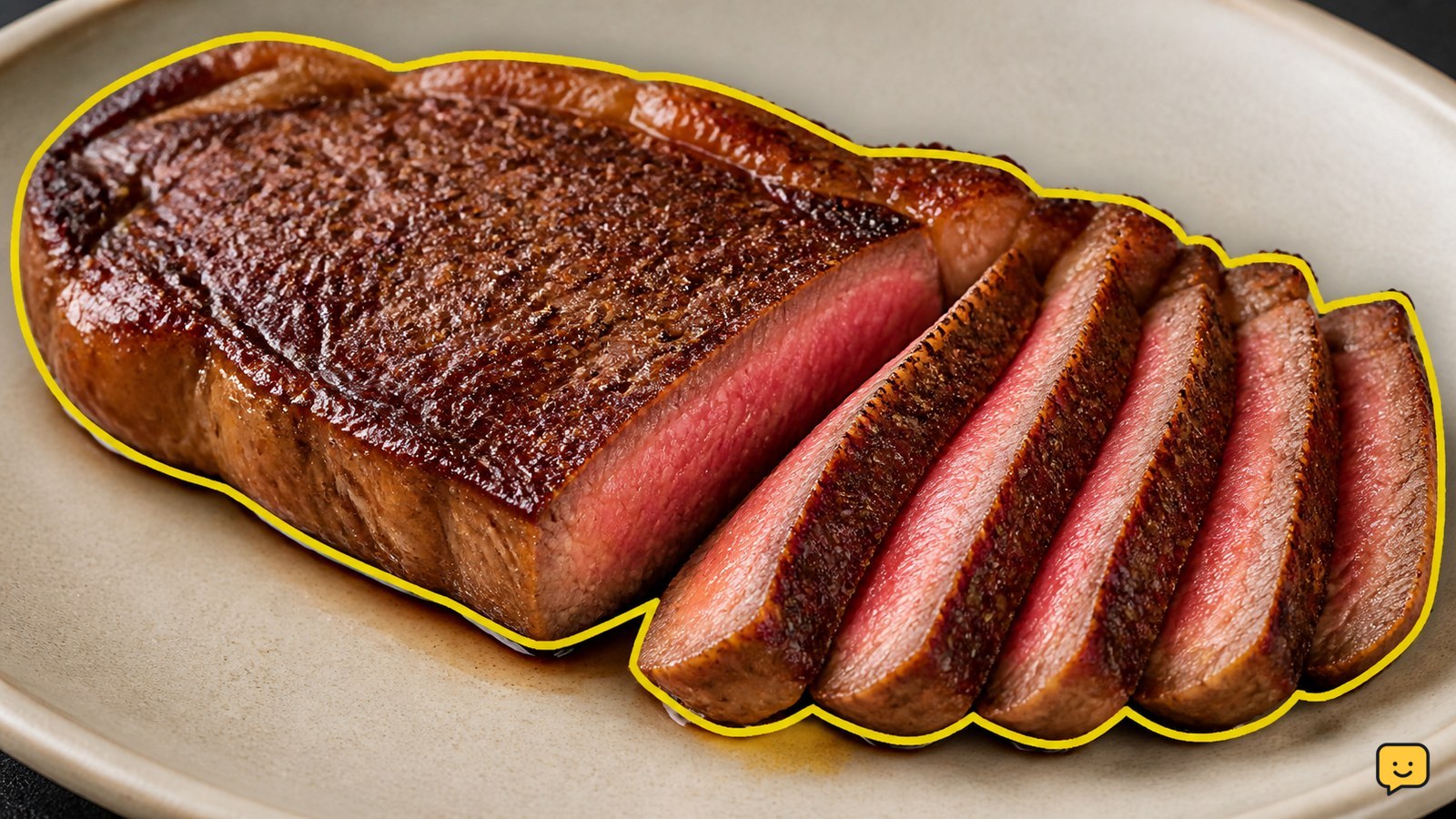 Sliced New York strip steak with a browned seared crust on a plate