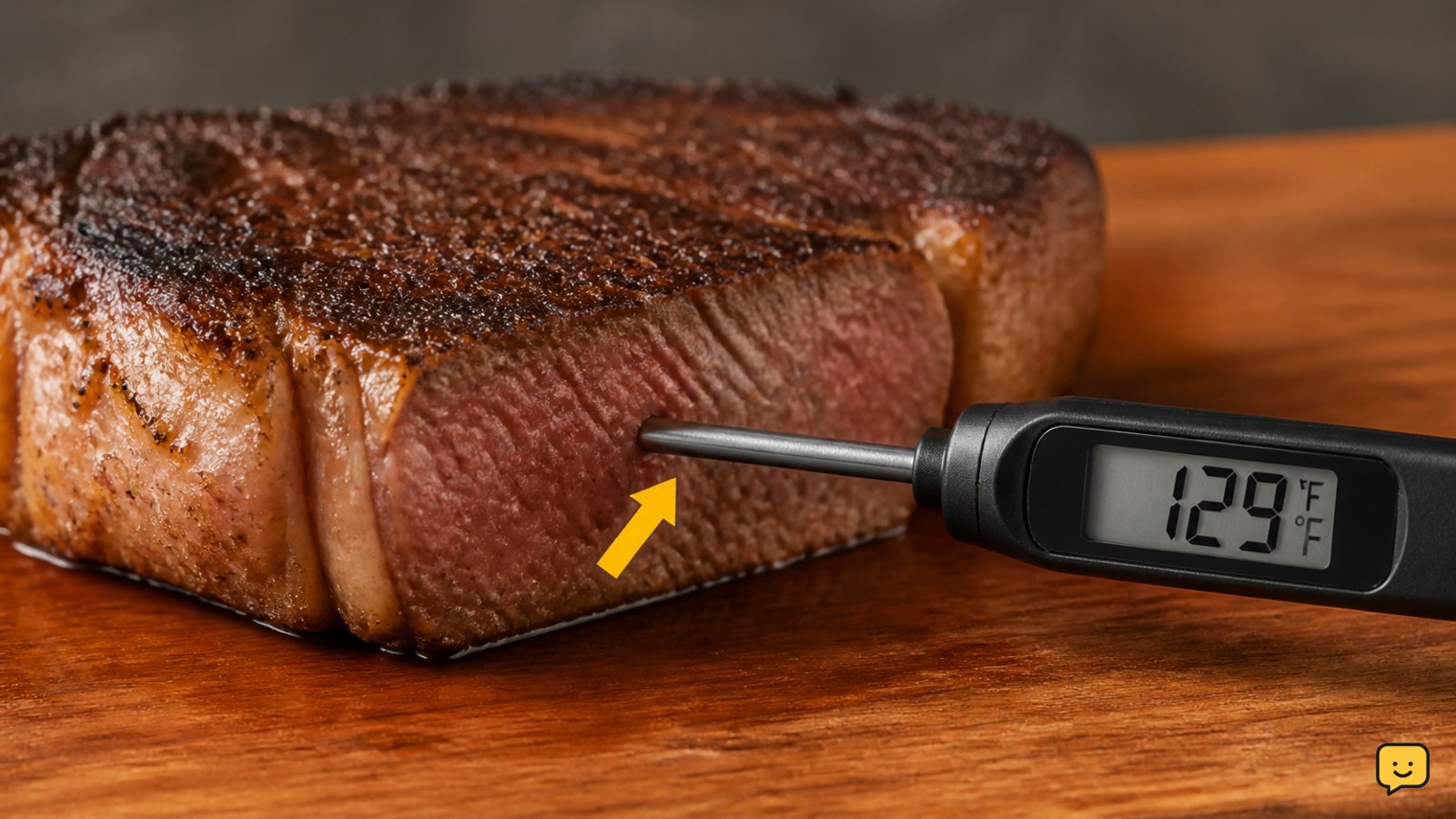 Instant-read thermometer inserted horizontally into the thickest part of a New York strip steak