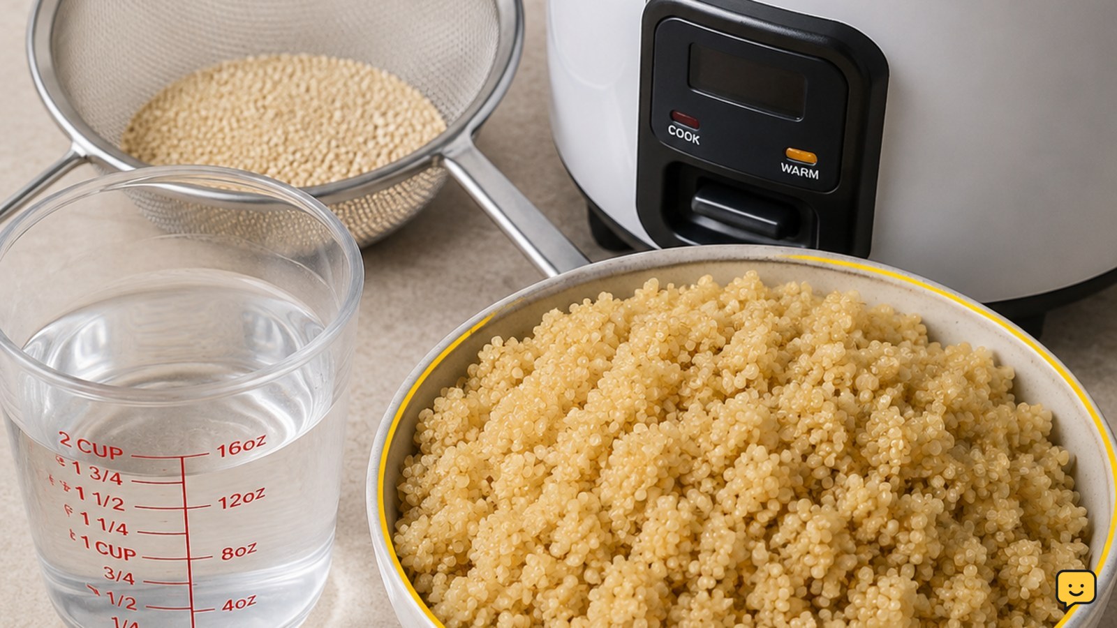 Fluffy cooked quinoa in a bowl beside an open rice cooker