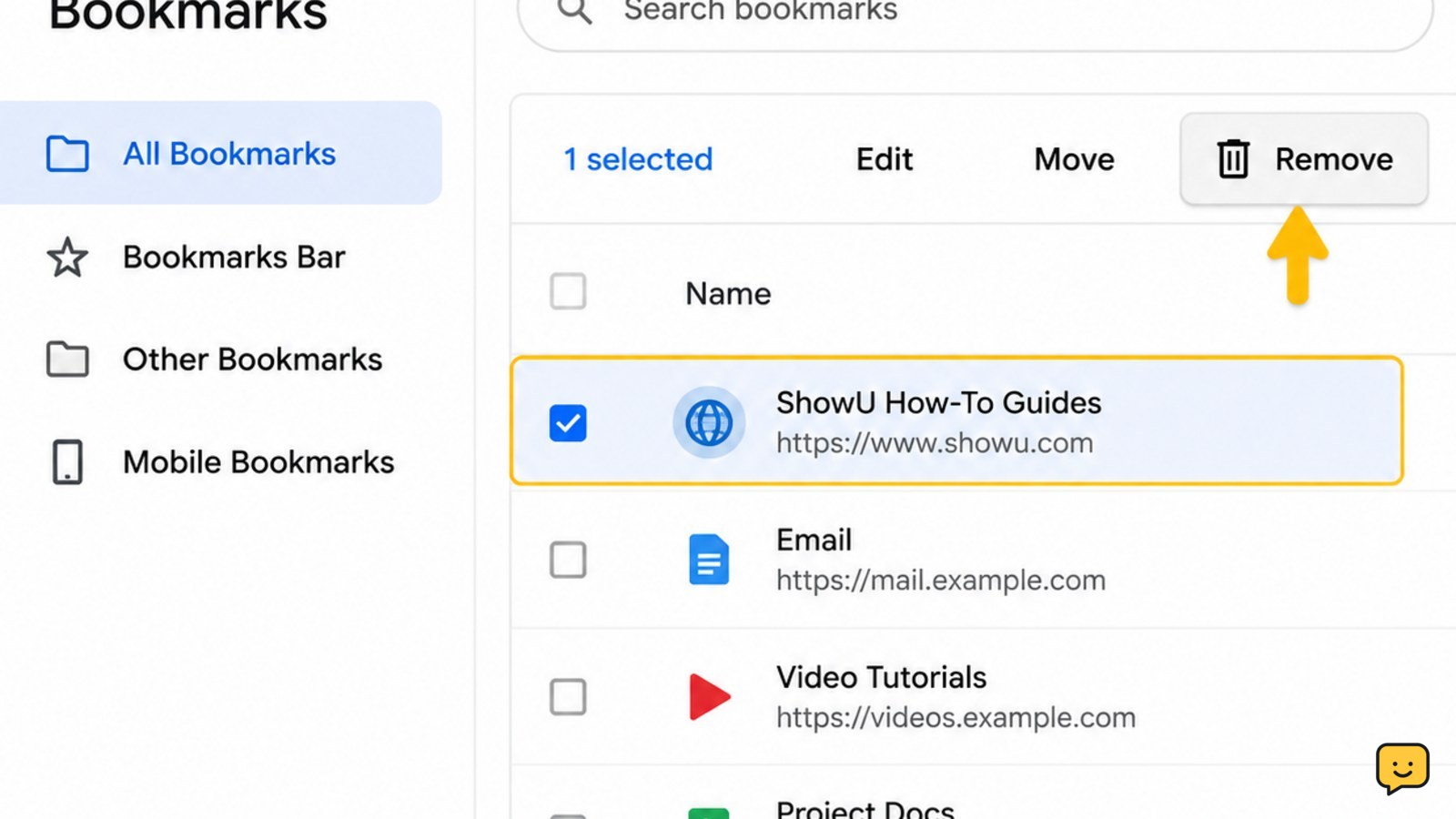 Browser bookmarks manager with one saved link selected for deletion