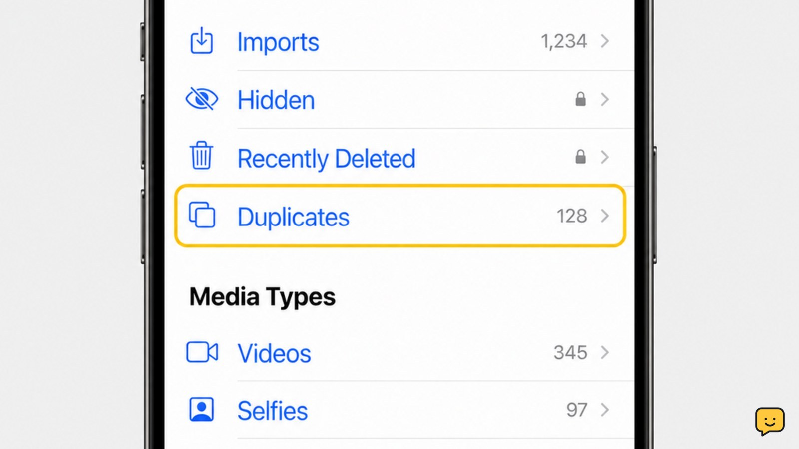 iPhone Photos app showing the Utilities area and Duplicates album