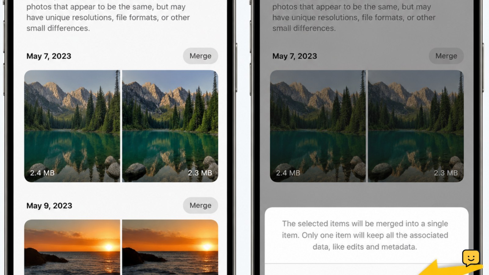 iPhone Photos Duplicates album showing a duplicate group with Merge and confirmation controls