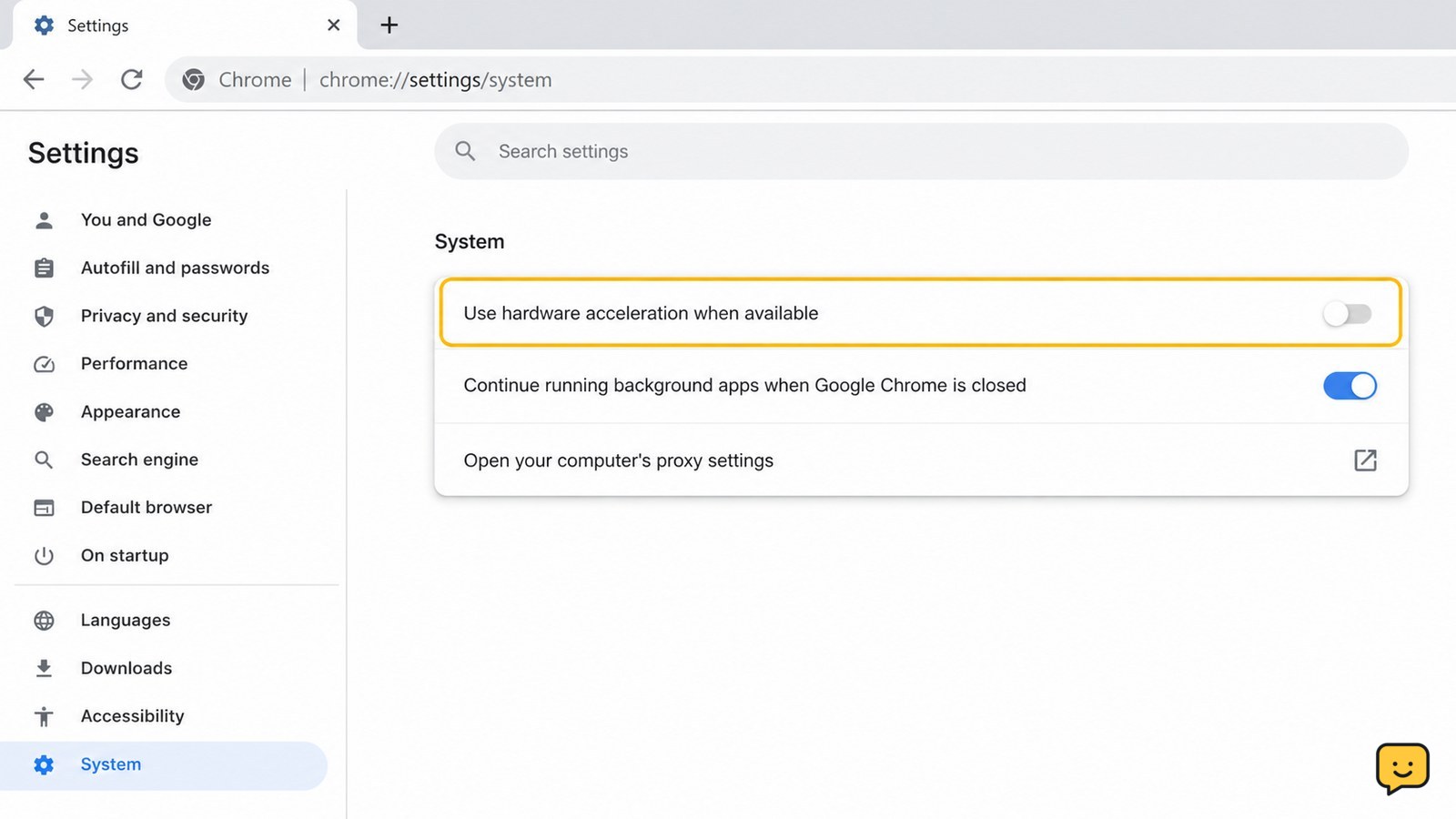Desktop browser settings page with the hardware acceleration option turned off