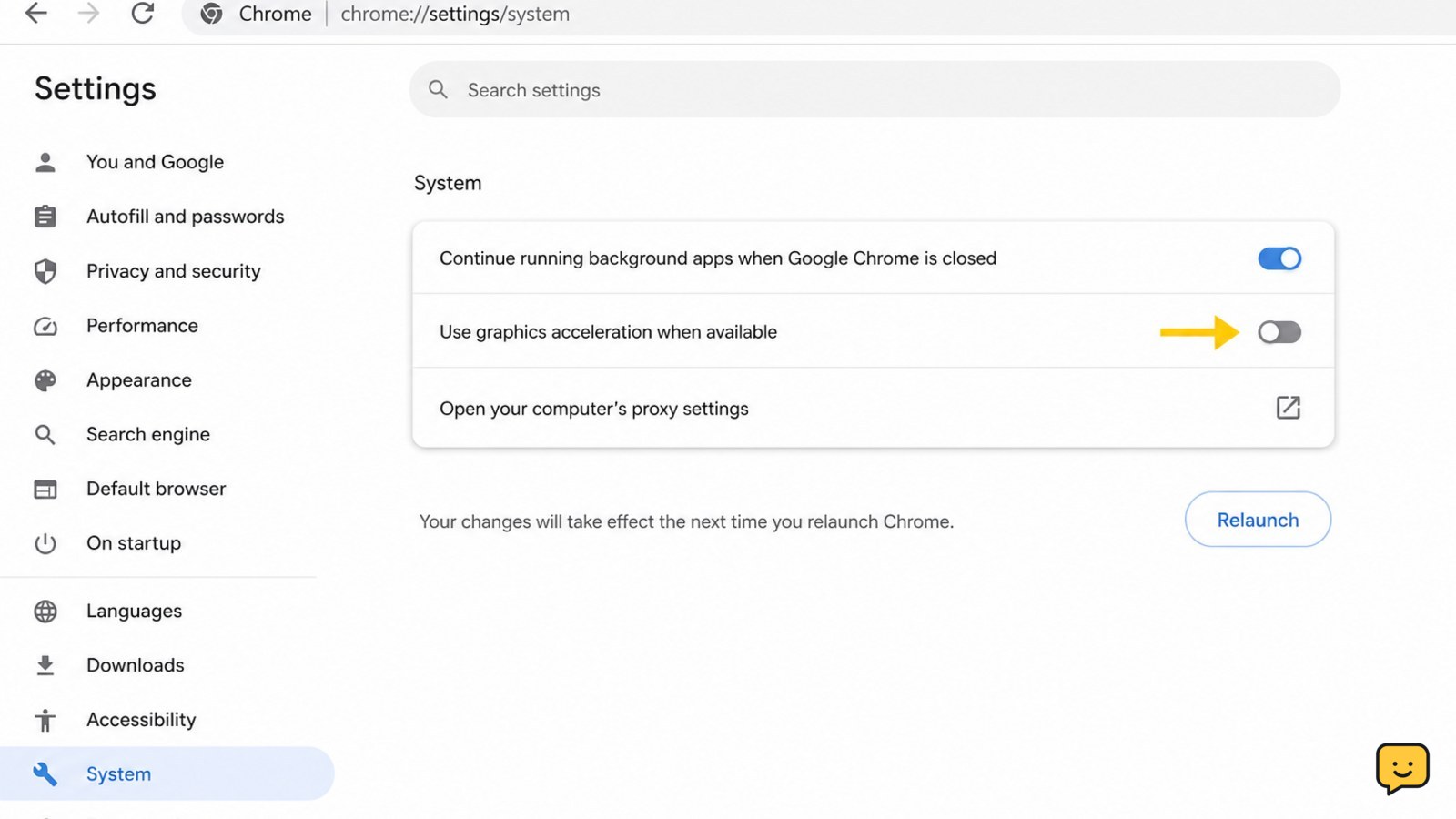 Chrome System settings with Use graphics acceleration when available disabled and Relaunch visible