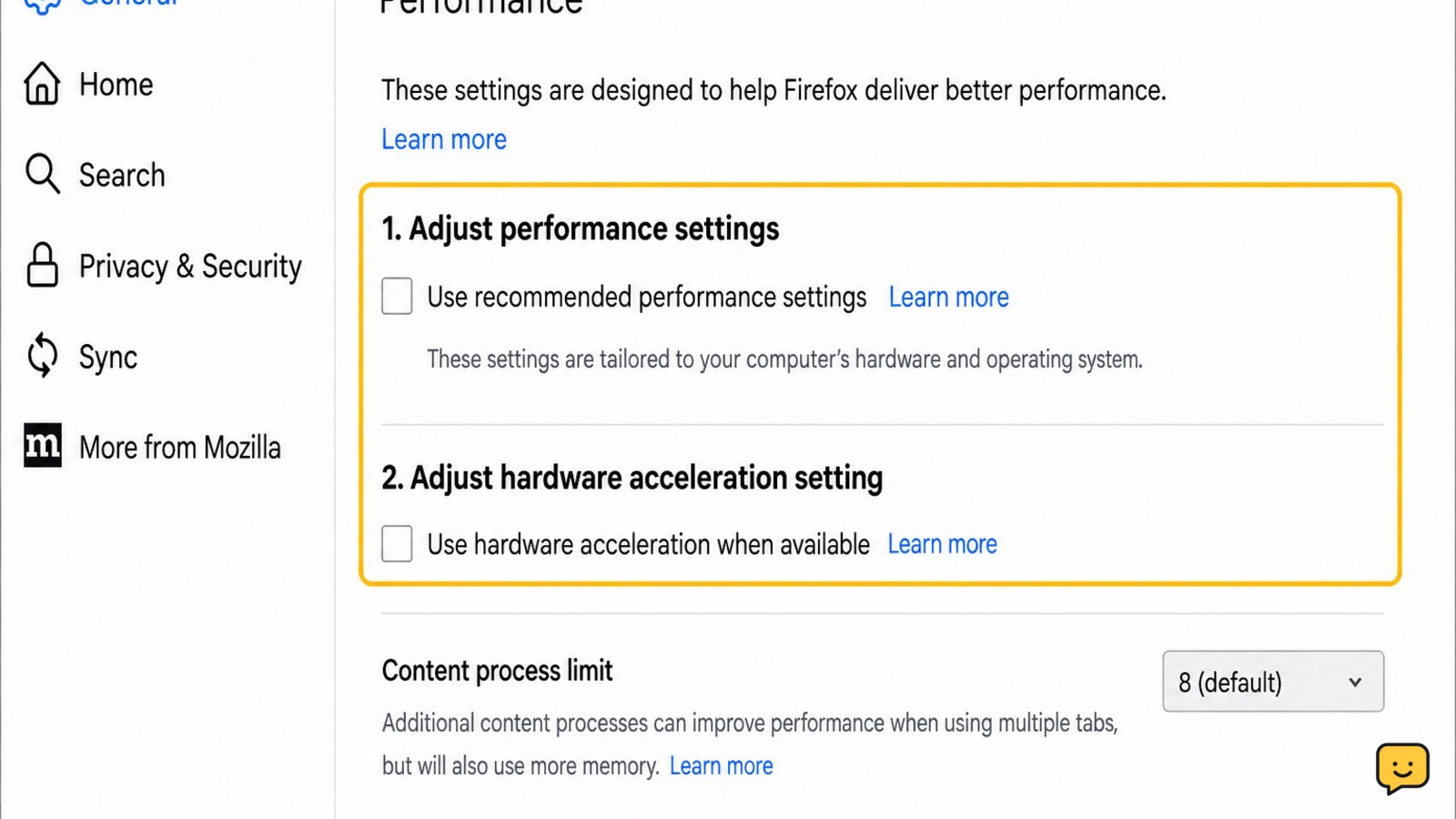Firefox General Performance settings with recommended performance settings and hardware acceleration both disabled