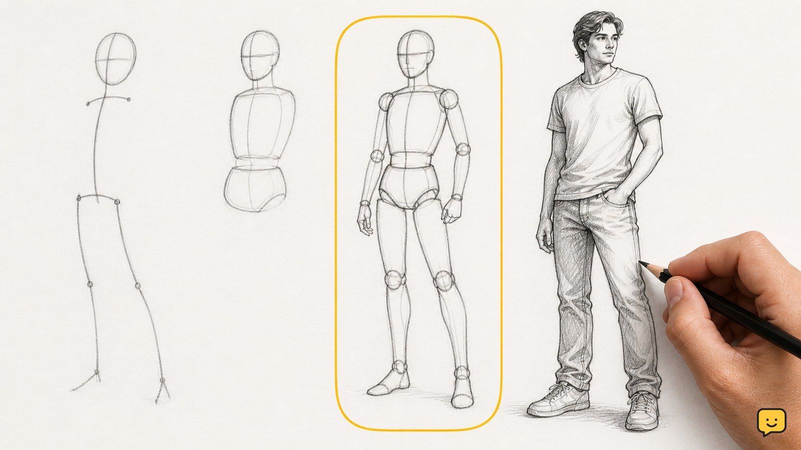 A pencil drawing of a person shown from gesture line to finished figure with clothing and facial details