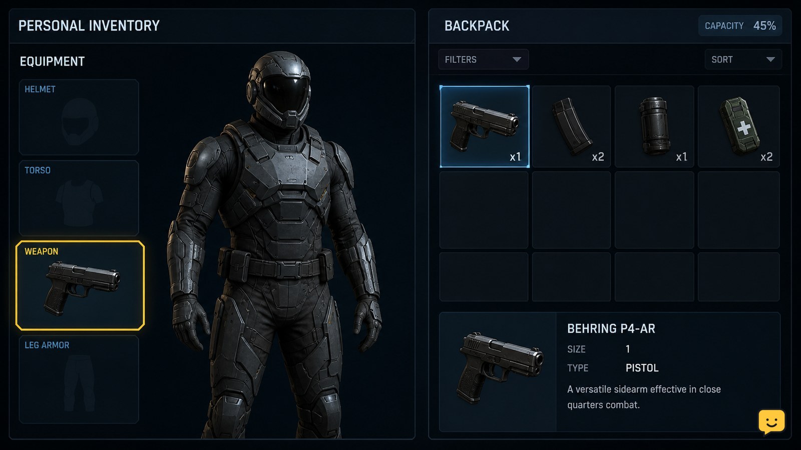 Star Citizen character equipment interface showing a handheld weapon in a personal weapon slot