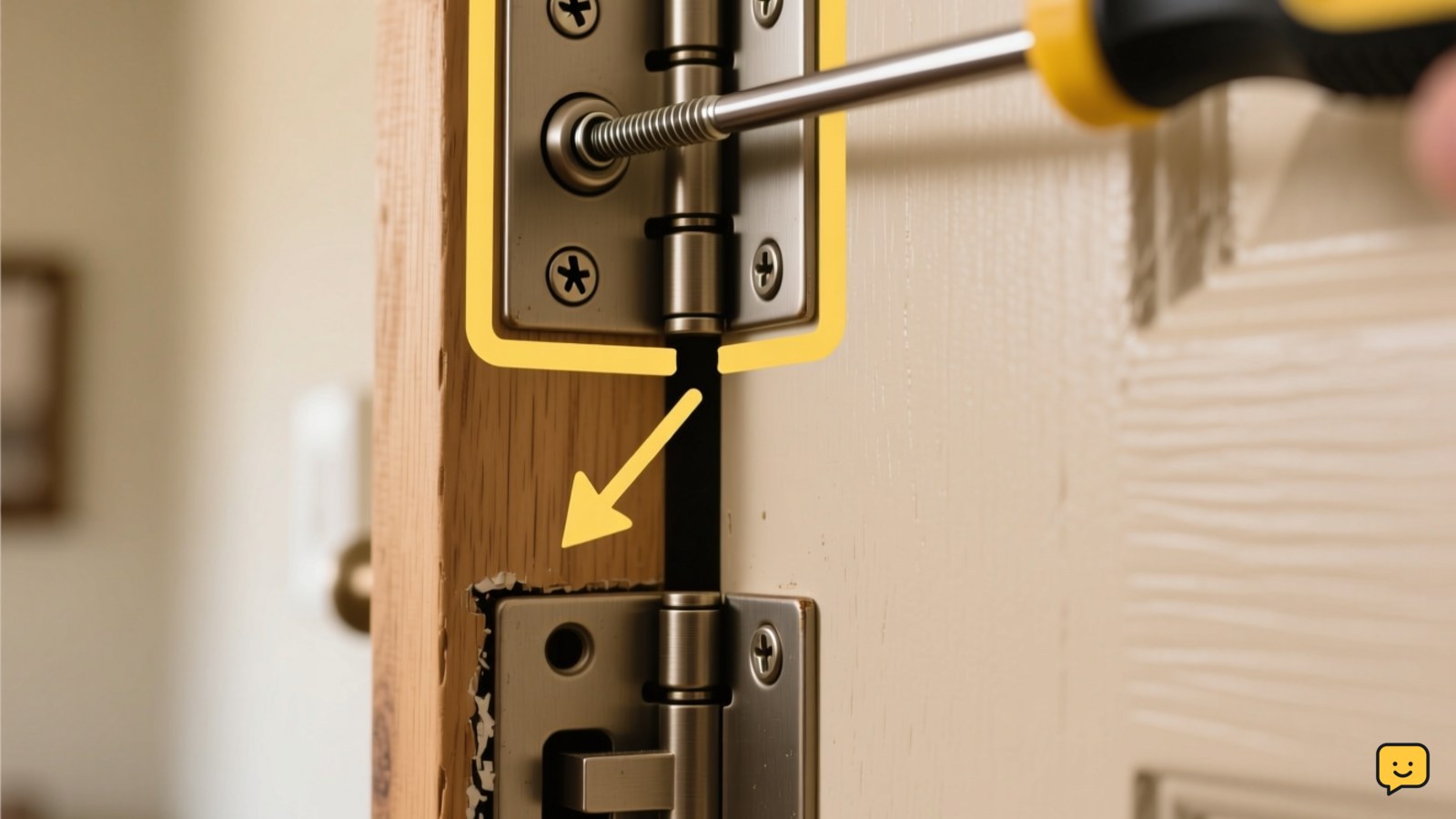 Interior hinged door with a visible top-corner gap and a screwdriver tightening the upper hinge
