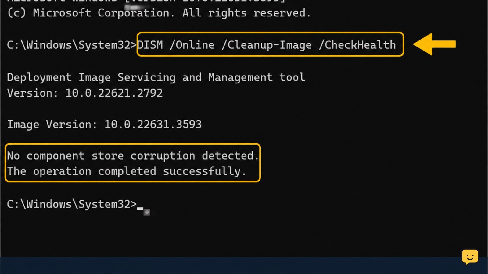 Elevated Windows Terminal displaying DISM CheckHealth completing successfully