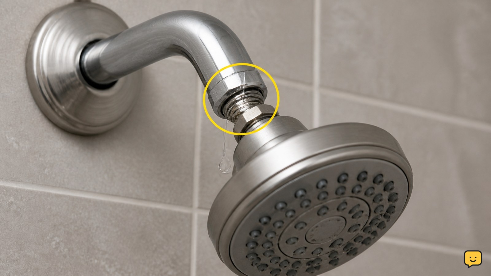 Close-up of a wall-mounted shower head dripping at the threaded connection
