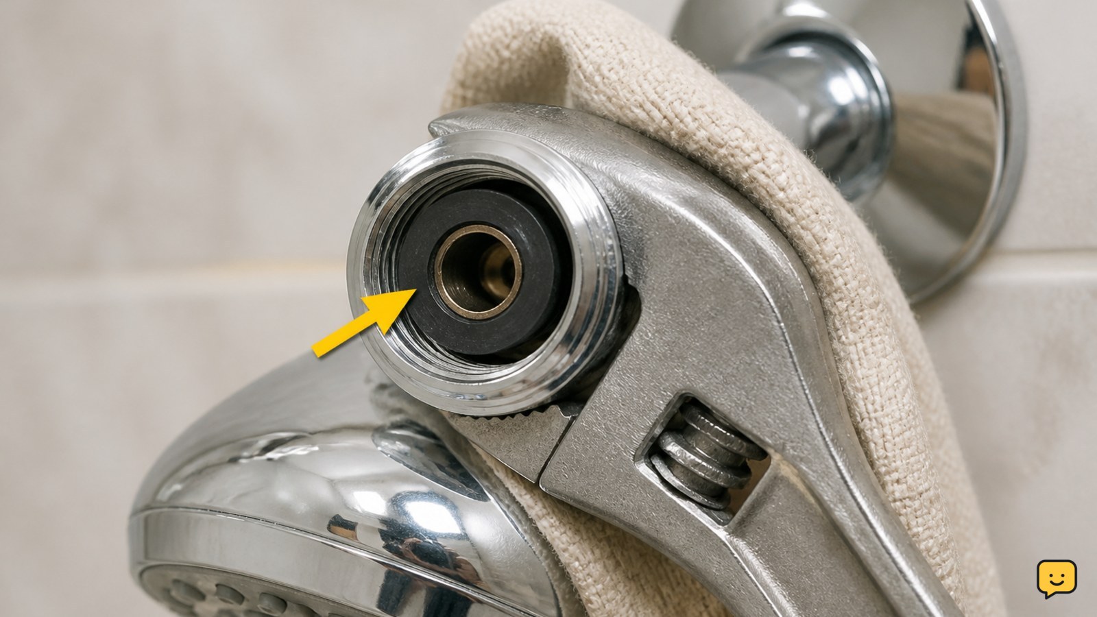 Rubber washer seated inside a shower head inlet beside a cloth-covered wrench