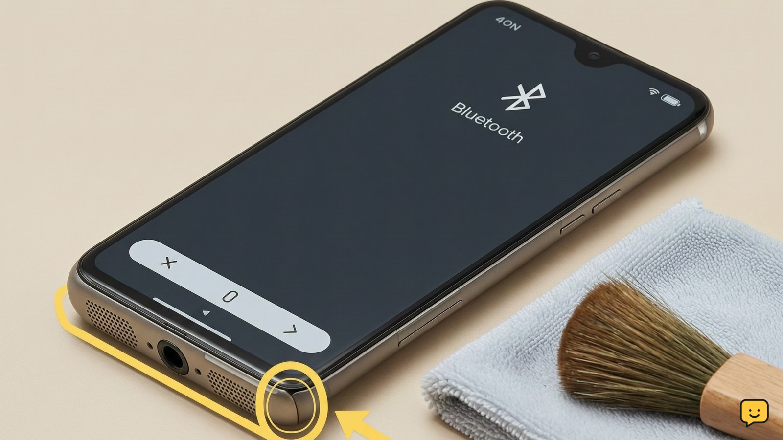 Smartphone lying speaker-side down beside a dry microfiber cloth and soft brush, with Bluetooth disabled on screen