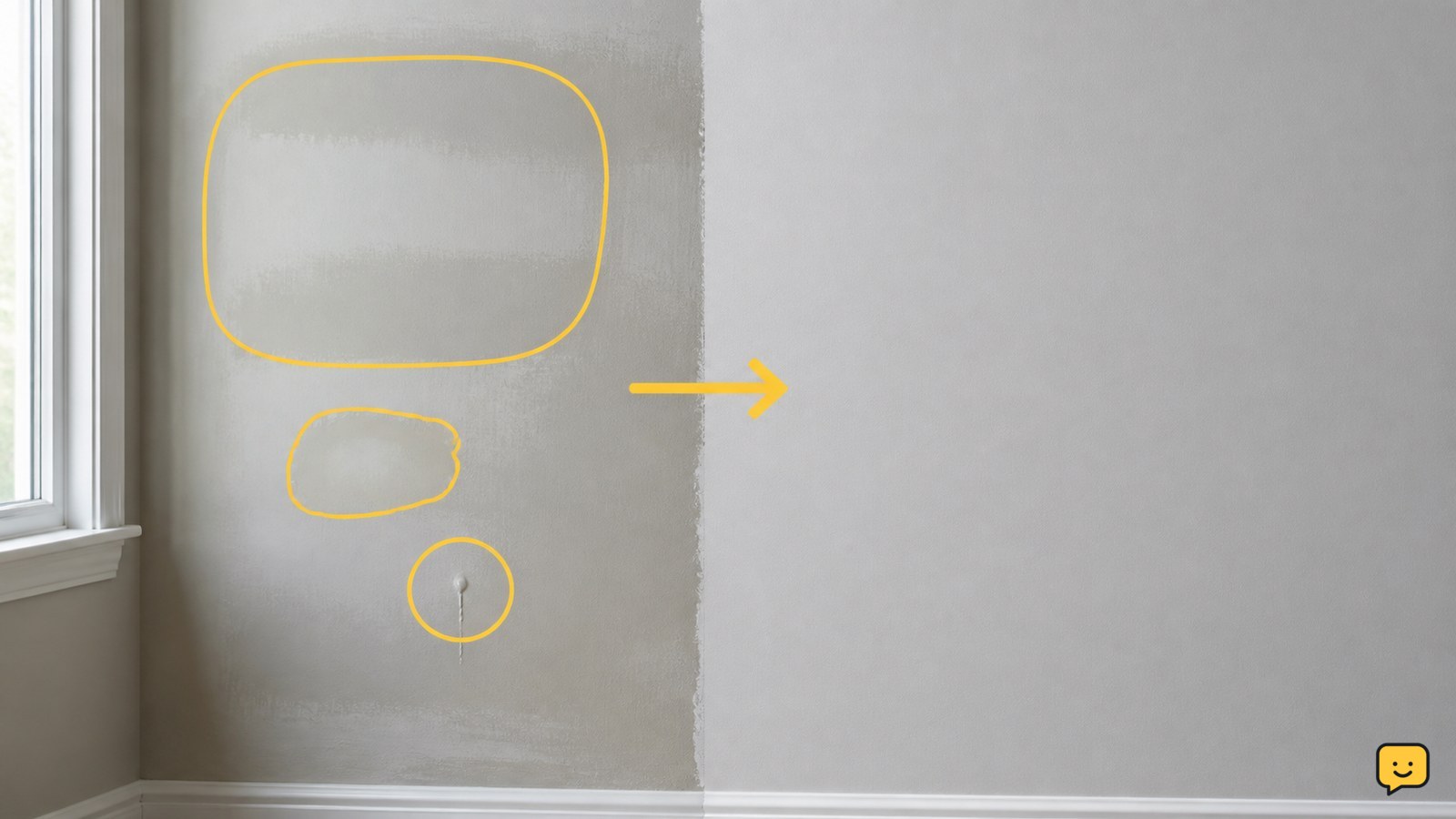 Interior wall with uneven patchy paint beside a smooth, evenly coated repaired wall
