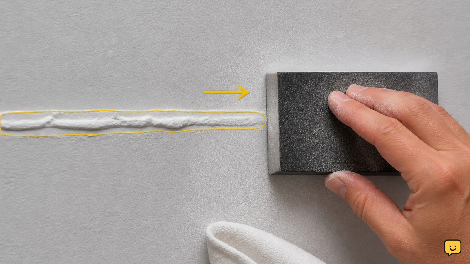 Hand using a flat sanding block to smooth a raised paint ridge on a wall before removing dust
