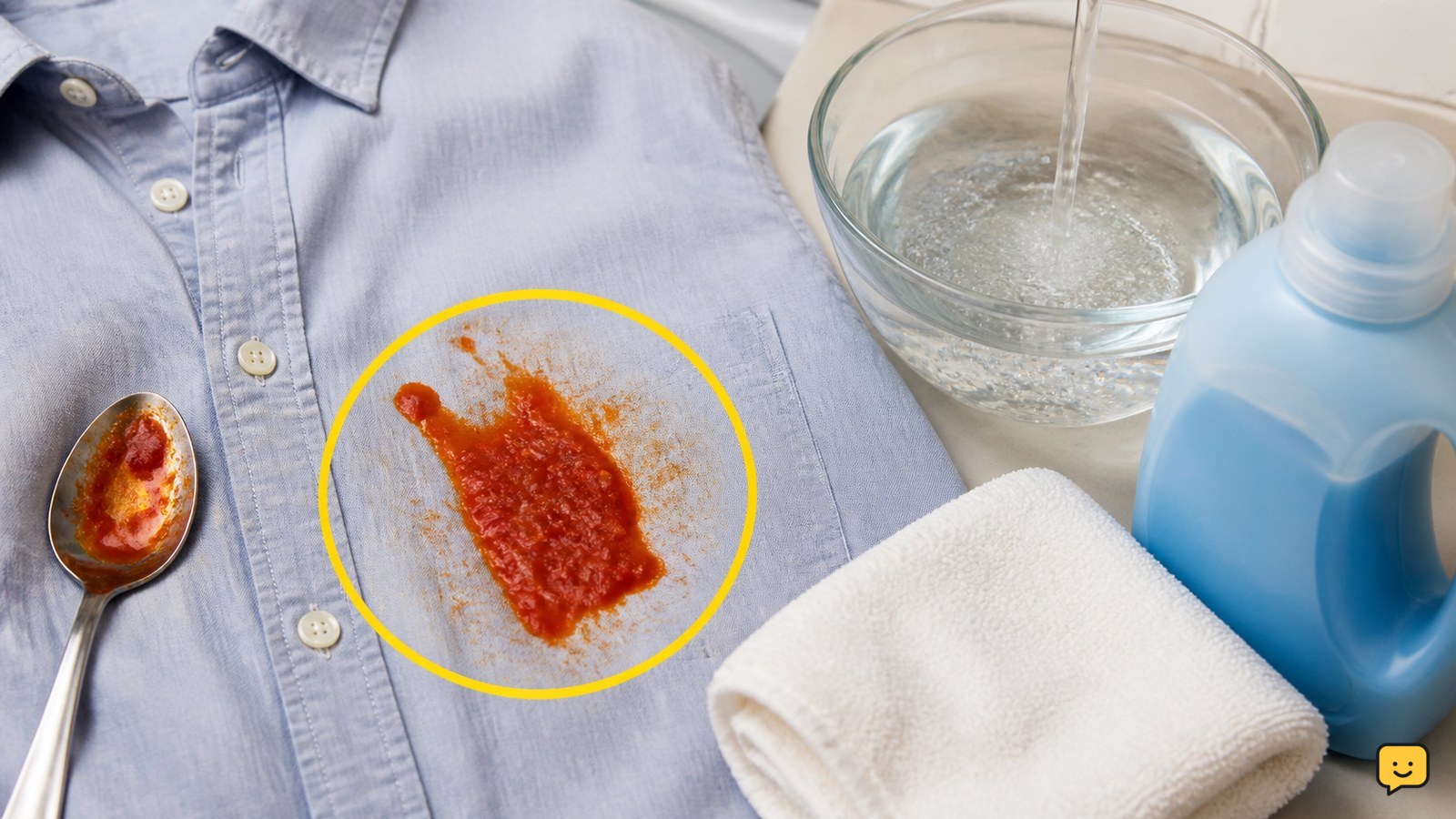 Tomato sauce stain on a washable cotton shirt beside cold water, laundry detergent, and a clean towel