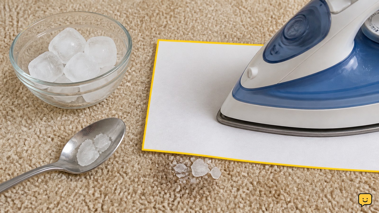 Plain paper covering candle wax residue on carpet beside ice, a spoon, and a low-temperature iron