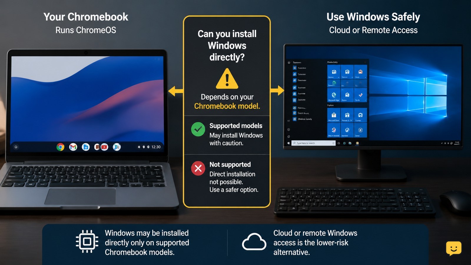 Chromebook beside a Windows desktop access screen with a compatibility warning symbol