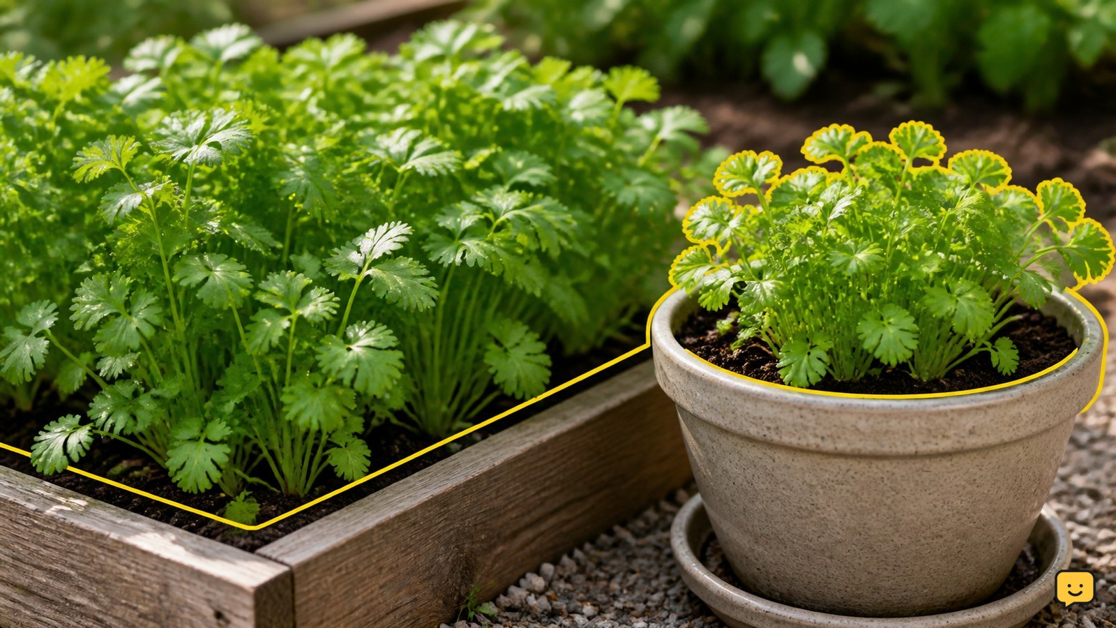 Healthy green cilantro growing in a garden bed and container