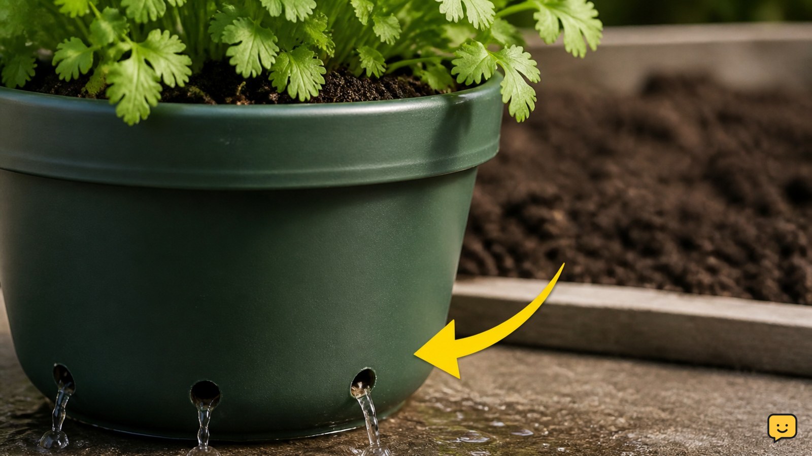 Container with drainage holes and loose soil prepared for cilantro