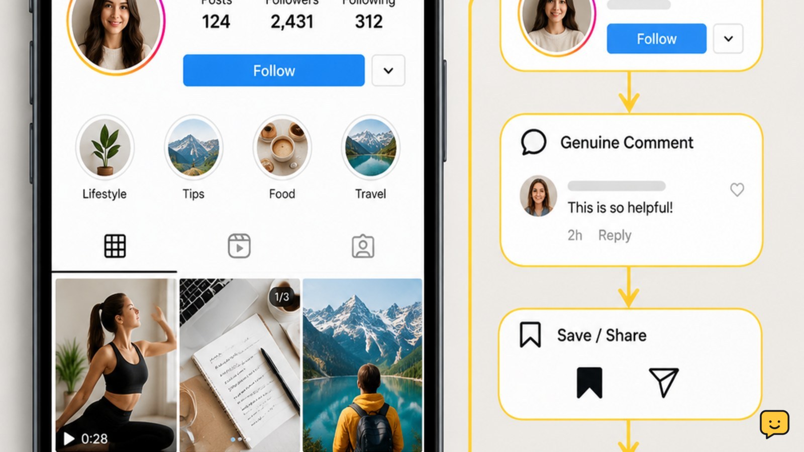 Instagram creator profile with useful posts, genuine comments, and relevant follower growth indicators