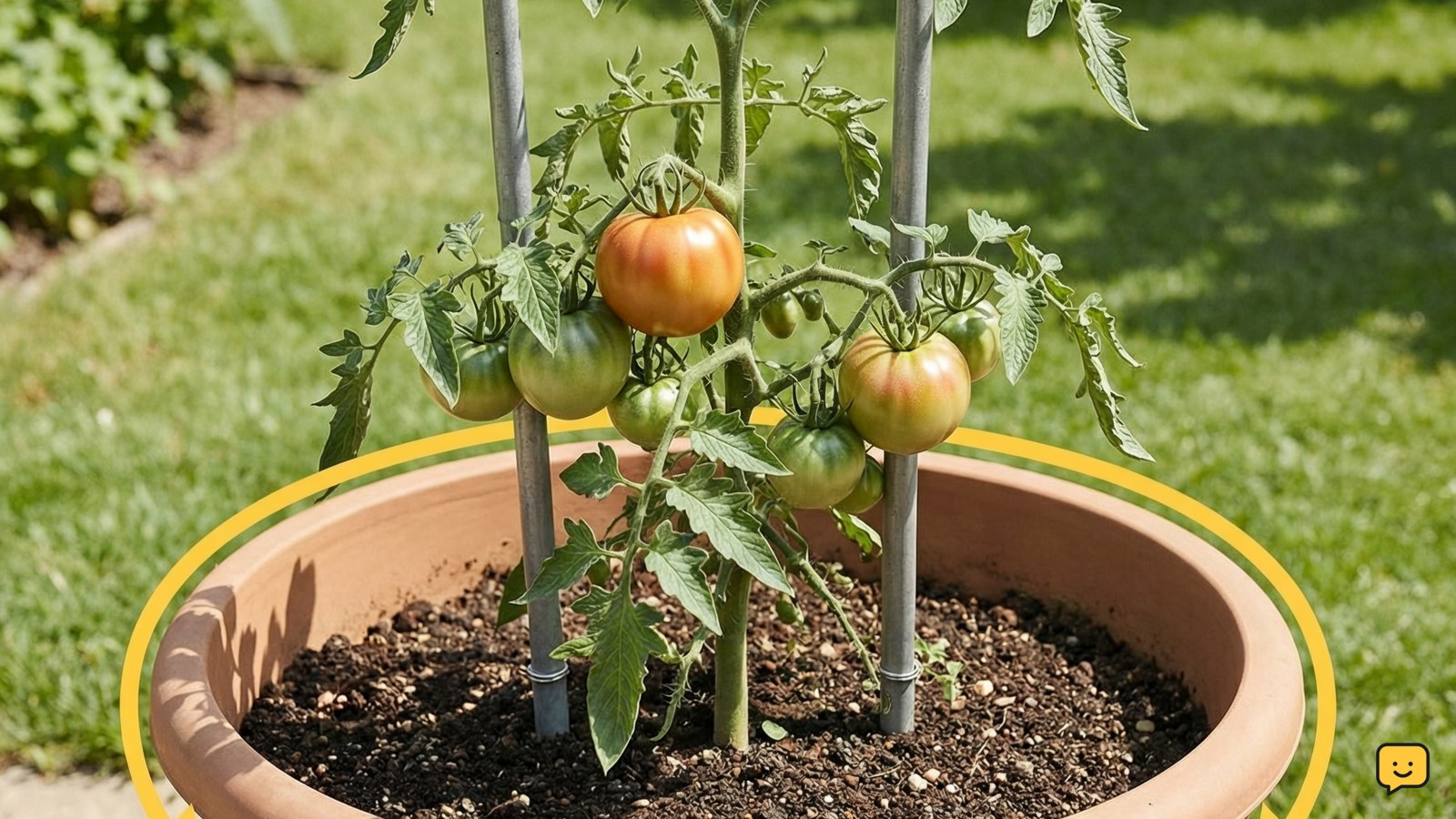 Healthy tomato plant growing in a supported pot in a sunny outdoor location