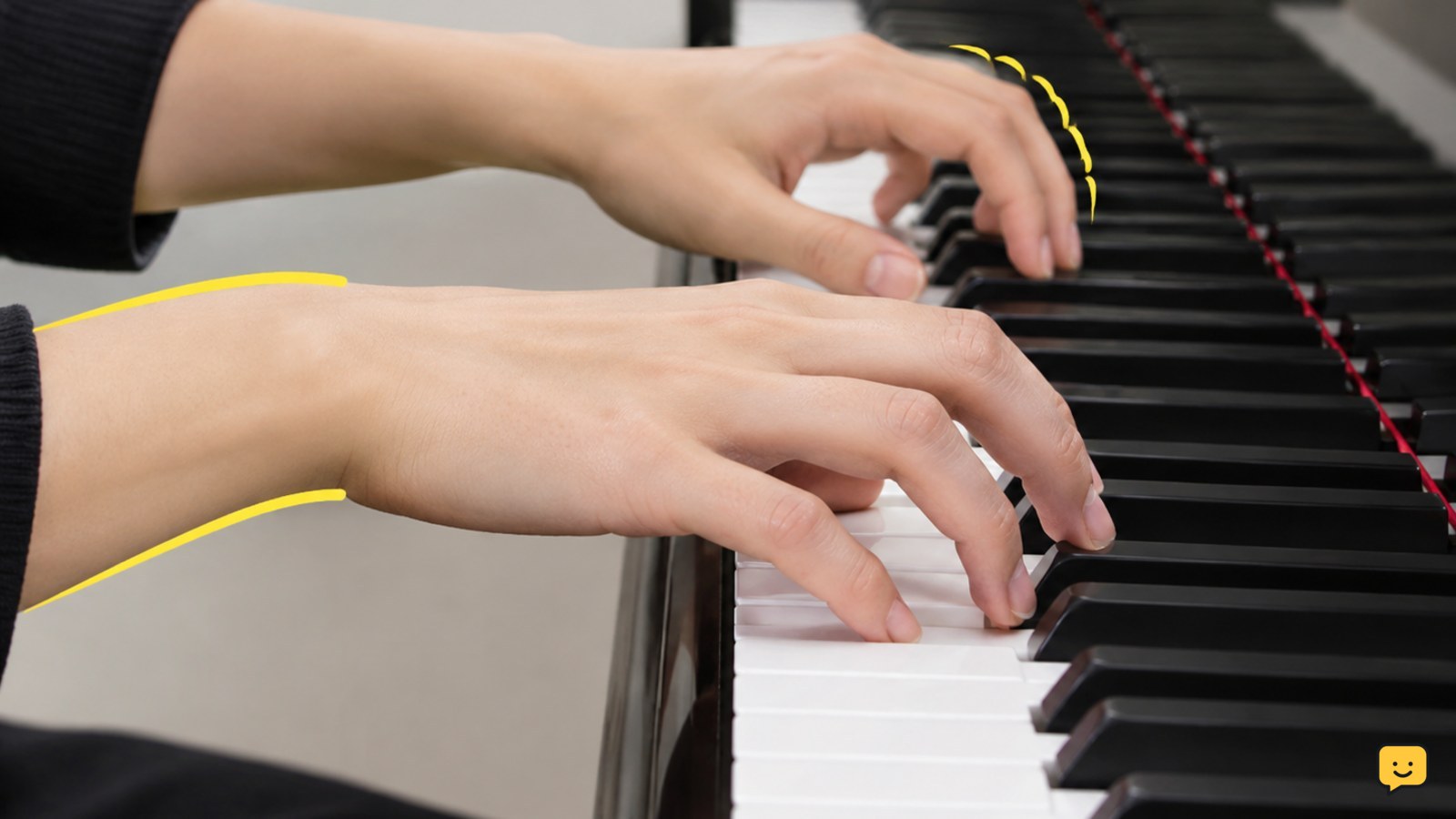 Relaxed hands practicing a piano scale with curved fingers close to the keys