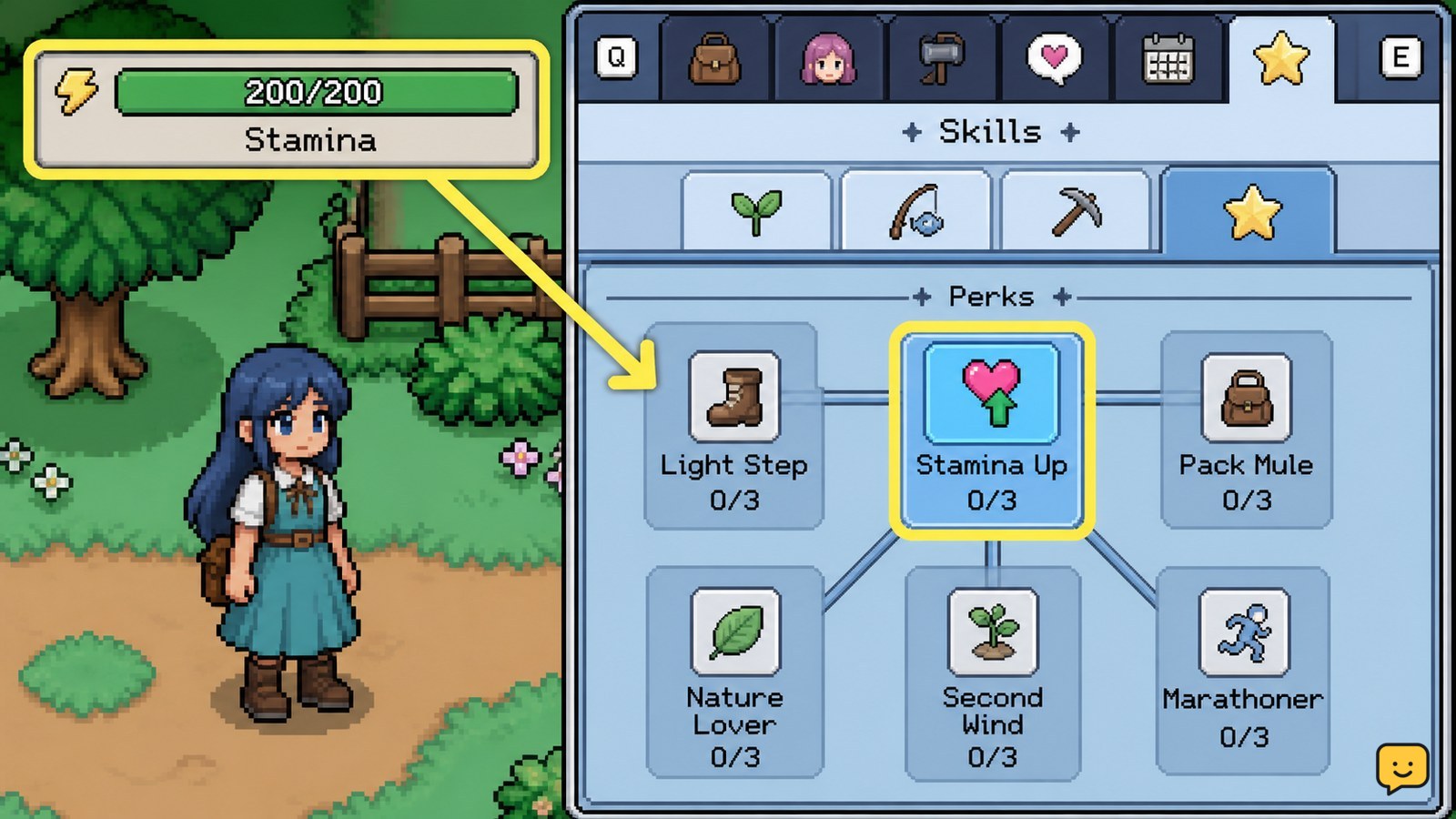 Fields of Mistria character beside the stamina bar and a visible Stamina Up perk