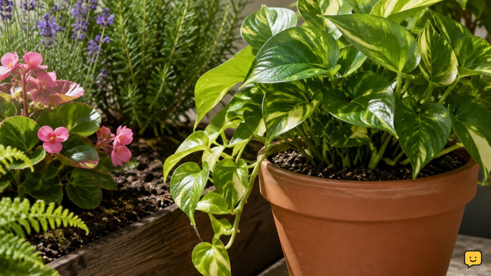 Healthy container and garden plants growing in suitable light with clear soil and drainage conditions