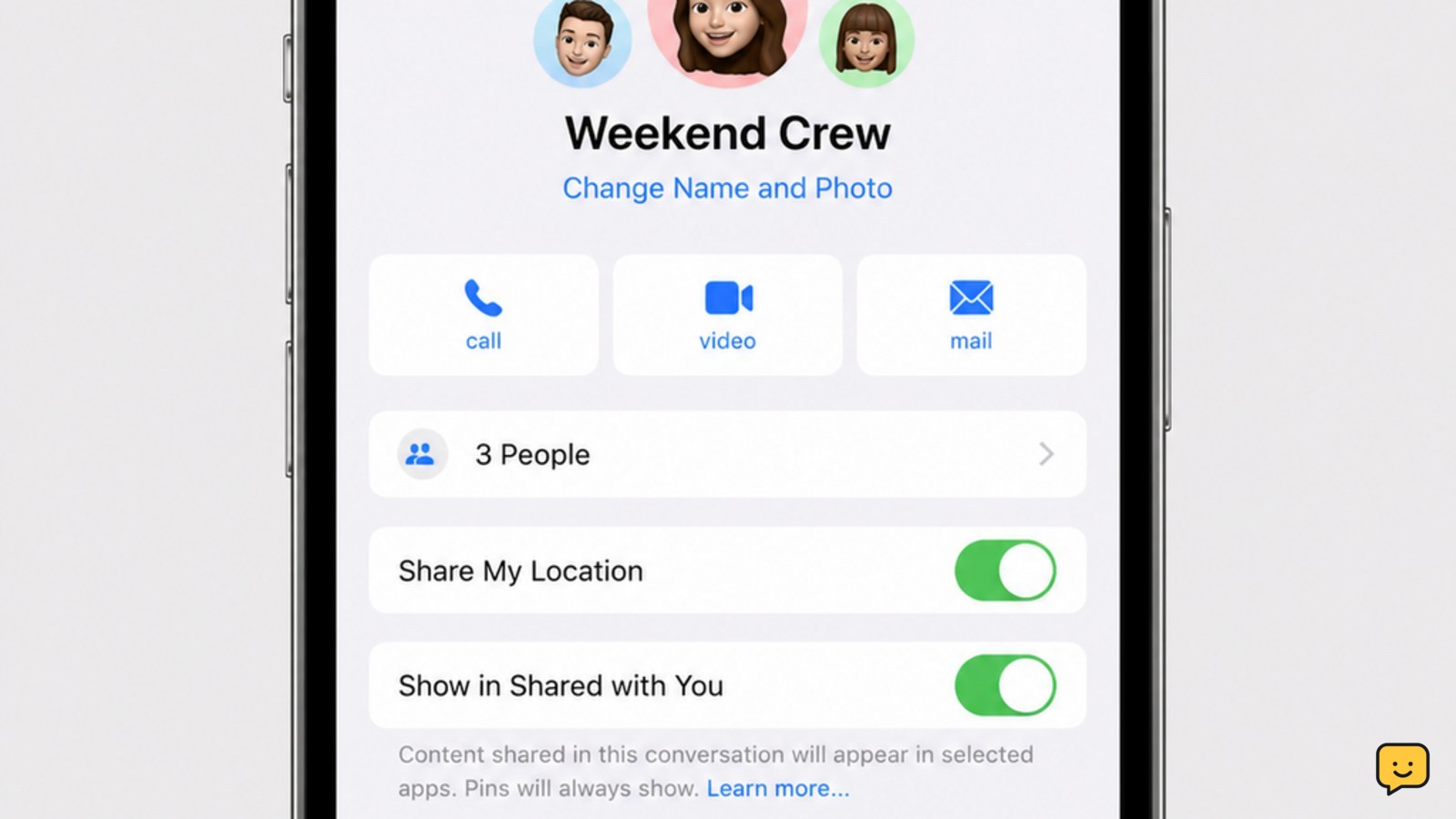 iPhone Messages group conversation details screen with Leave this Conversation near the bottom