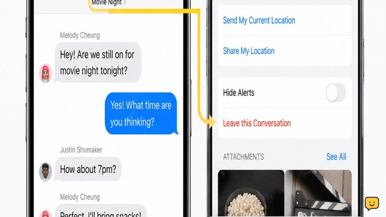 iPhone Messages group thread with top contact icons and scrolled conversation details panel