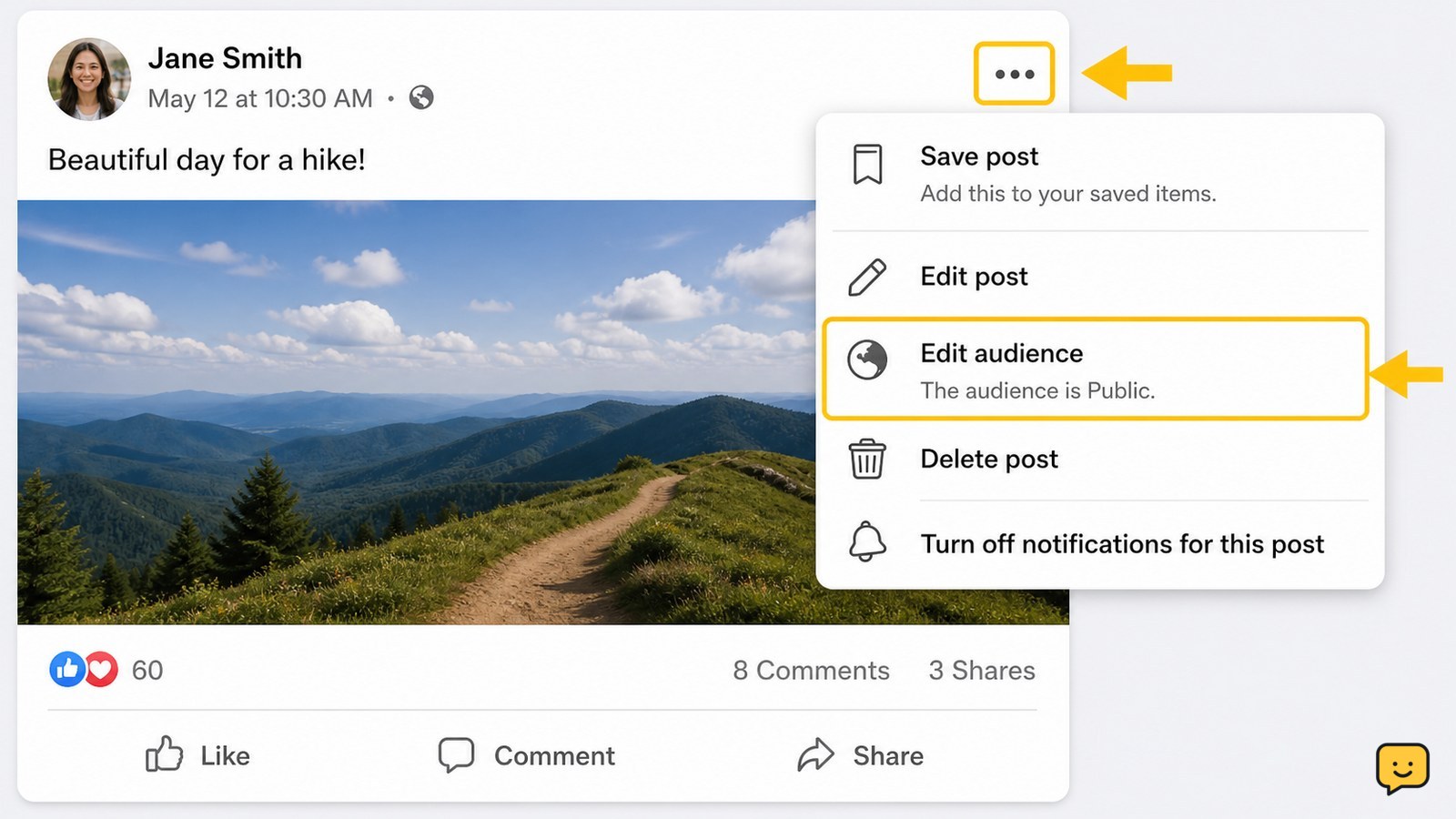 Existing Facebook post with the three-dot menu open and the audience editing option indicated