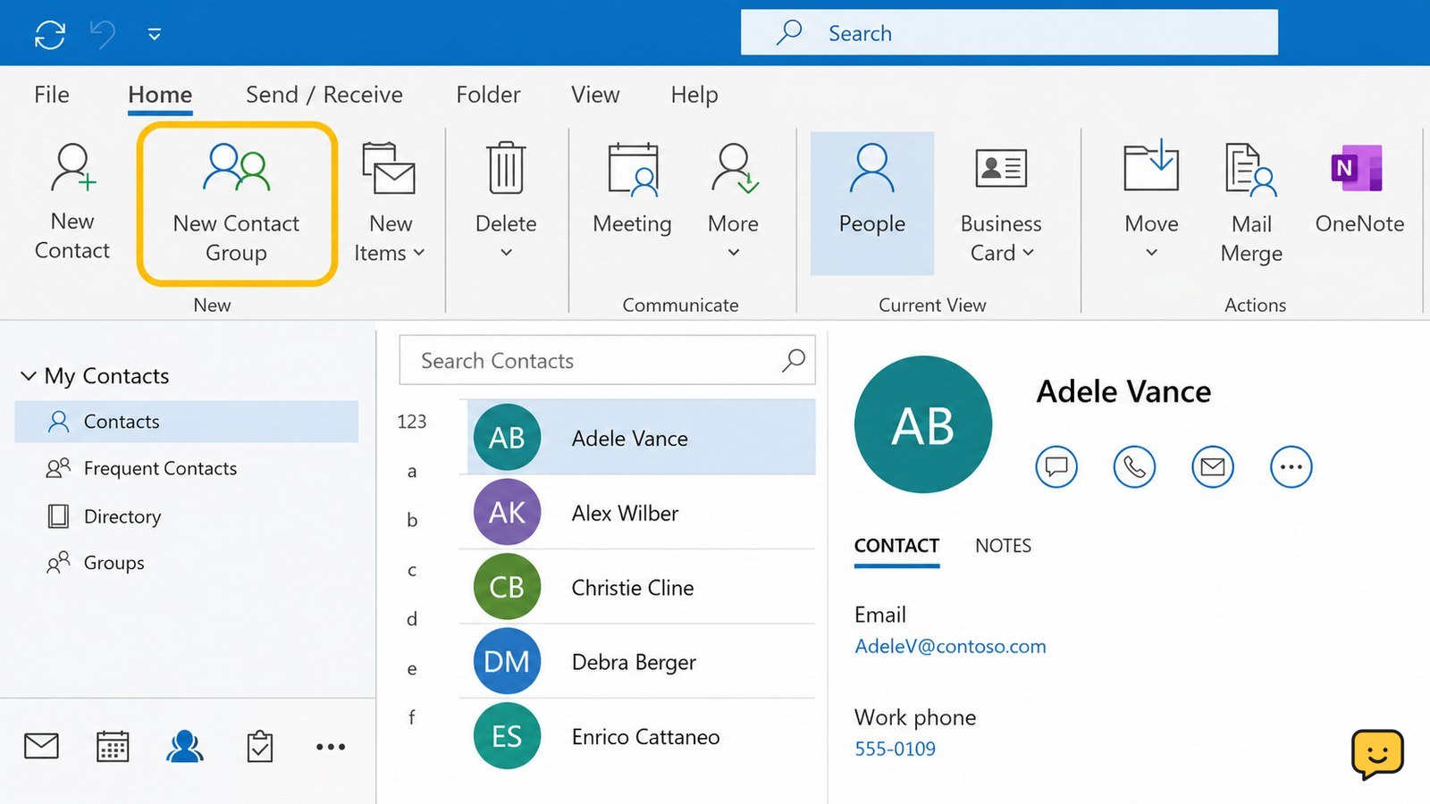 Outlook People view with the New Contact Group command highlighted