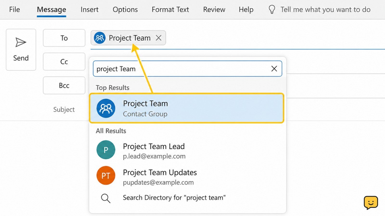Outlook new email recipient picker showing a contact group selected in the To field